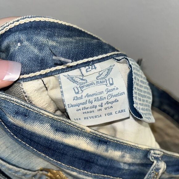 Robin’s Jeans Size 24 Style# R8657GLD Skinny Jeans Distressed Gold Wings - Picture 12 of 14